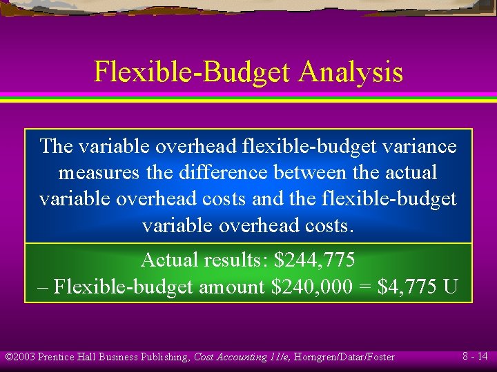Flexible-Budget Analysis The variable overhead flexible-budget variance measures the difference between the actual variable