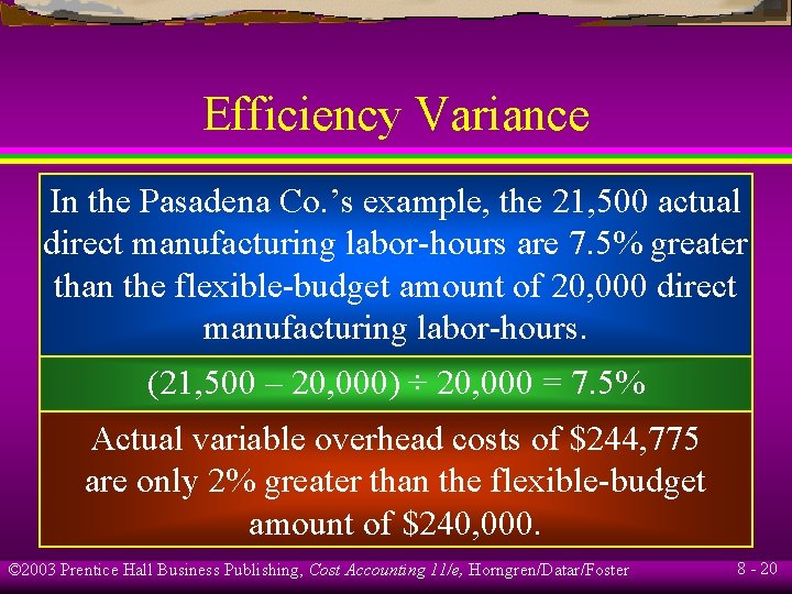 Efficiency Variance In the Pasadena Co. ’s example, the 21, 500 actual direct manufacturing