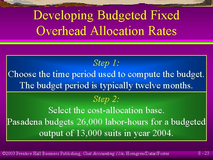 Developing Budgeted Fixed Overhead Allocation Rates Step 1: Choose the time period used to