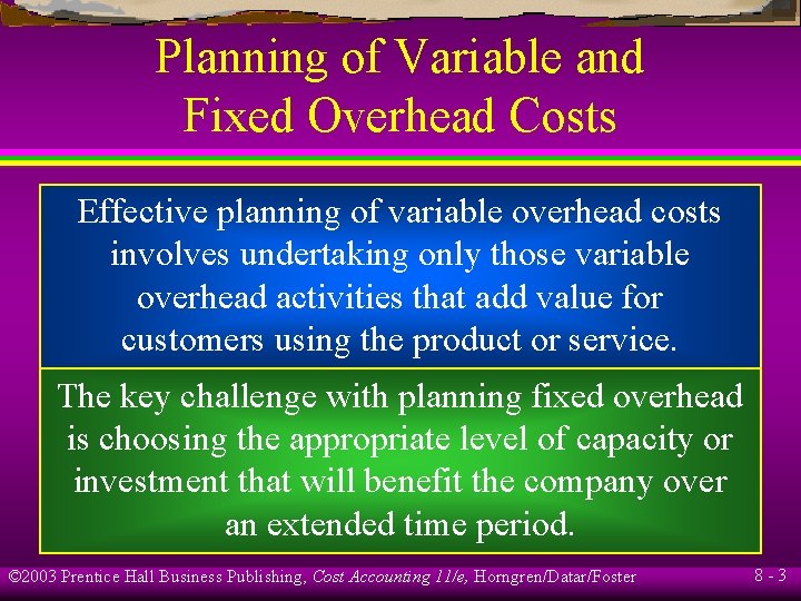 Planning of Variable and Fixed Overhead Costs Effective planning of variable overhead costs involves