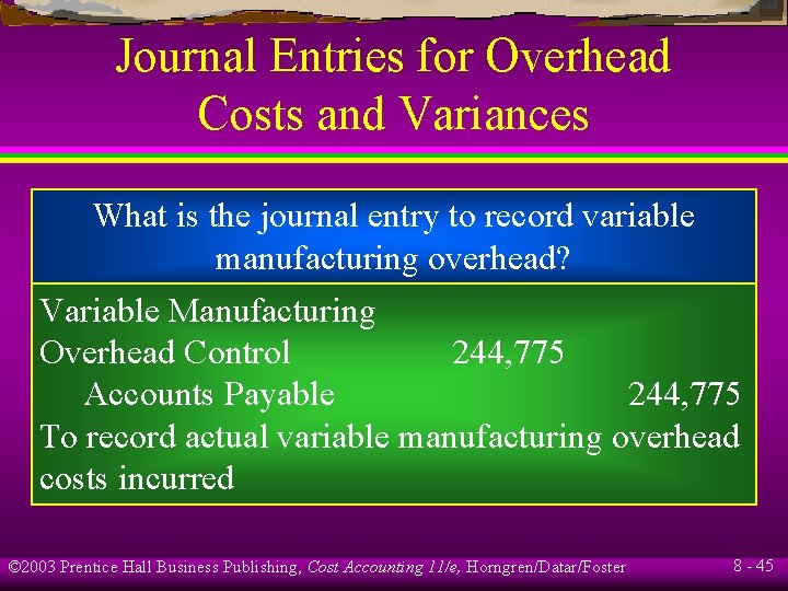 Journal Entries for Overhead Costs and Variances What is the journal entry to record