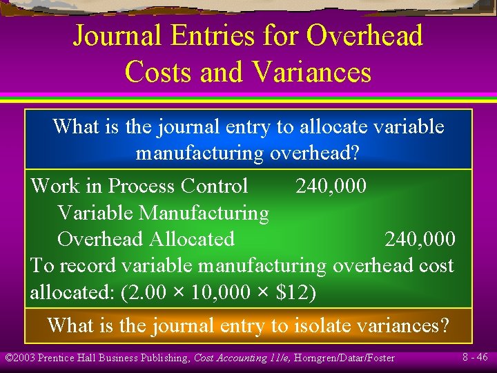 Journal Entries for Overhead Costs and Variances What is the journal entry to allocate