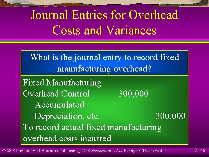 Journal Entries for Overhead Costs and Variances What is the journal entry to record