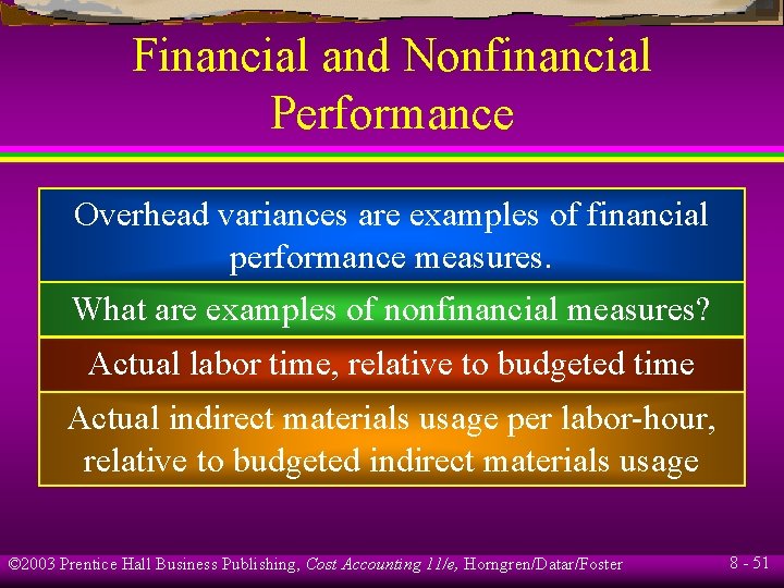Financial and Nonfinancial Performance Overhead variances are examples of financial performance measures. What are