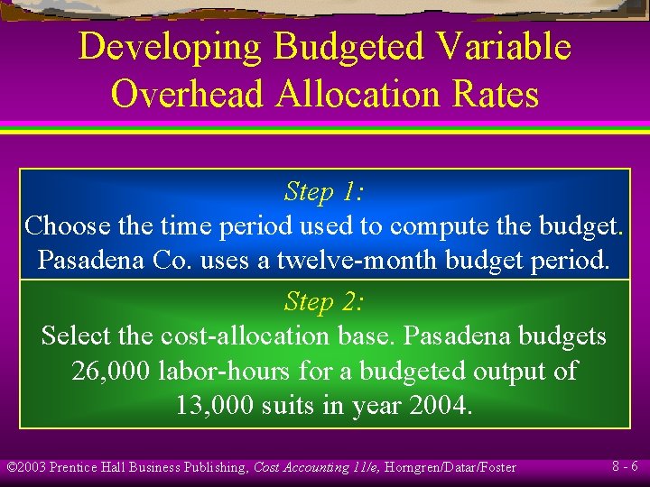 Developing Budgeted Variable Overhead Allocation Rates Step 1: Choose the time period used to