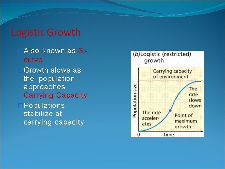 Logistic Growth �Also known as S - curve �Growth slows as the population approaches Logistic Growth �Also known as S - curve �Growth slows as the population approaches