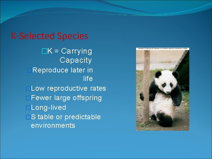 K-Selected Species �K = Carrying Capacity �Reproduce later in life �Low reproductive rates �Fewer K-Selected Species �K = Carrying Capacity �Reproduce later in life �Low reproductive rates �Fewer