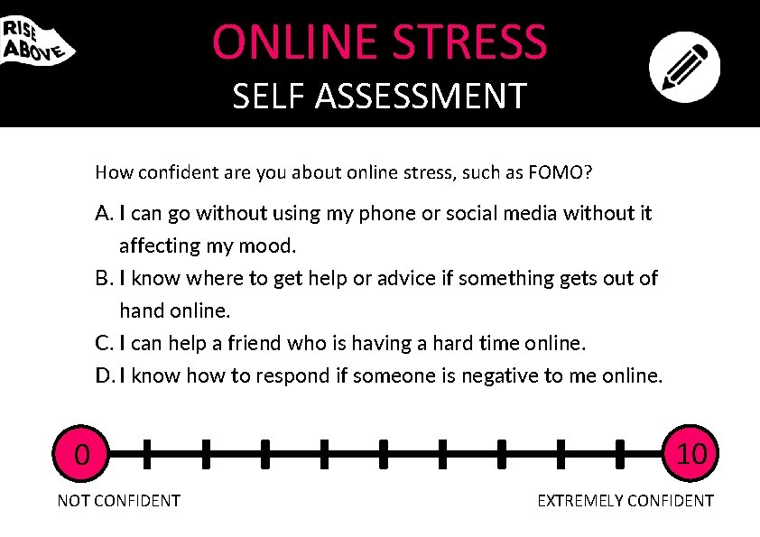 ONLINE STRESS SELF ASSESSMENT How confident are you about online stress, such as FOMO?