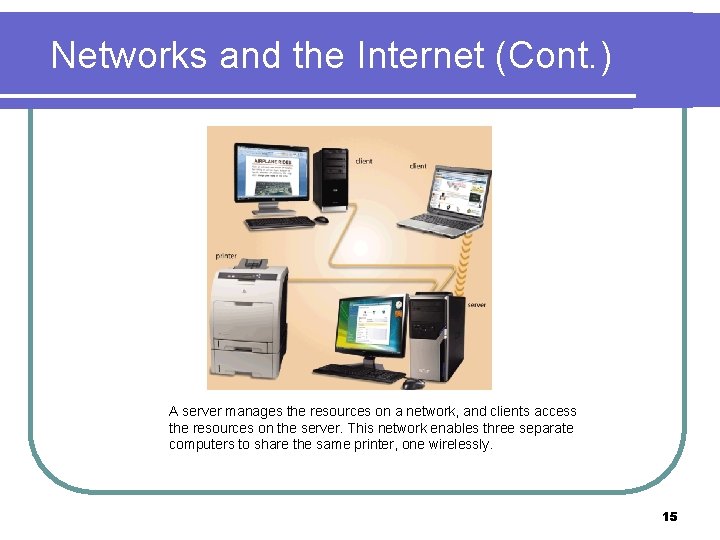 Networks and the Internet (Cont. ) A server manages the resources on a network,