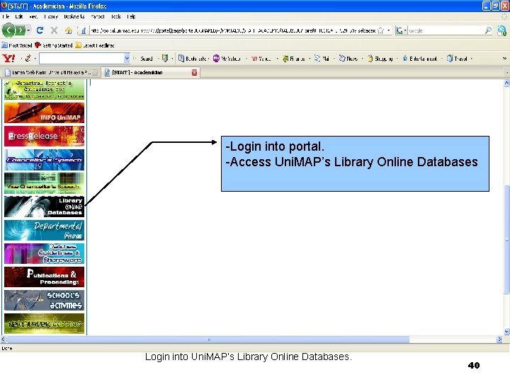 -Login into portal. -Access Uni. MAP’s Library Online Databases Login into Uni. MAP’s Library