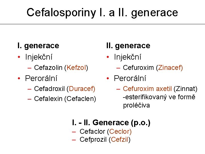 Cefalosporiny I. a II. generace • Injekční – Cefazolin (Kefzol) • Perorální – Cefuroxim