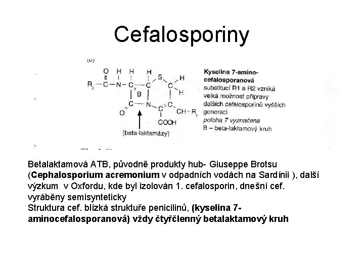 Cefalosporiny Betalaktamová ATB, původně produkty hub- Giuseppe Brotsu (Cephalosporium acremonium v odpadních vodách na