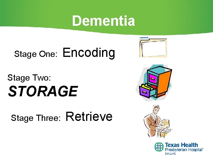 Dementia Stage One: Encoding Stage Two: STORAGE Stage Three: Retrieve 