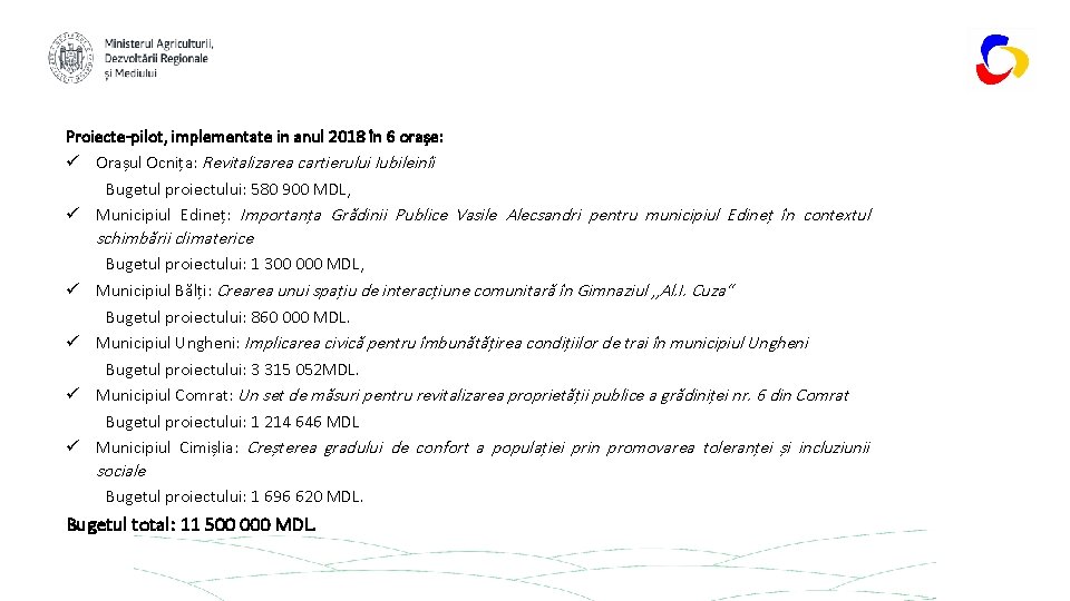 Proiecte-pilot, implementate in anul 2018 în 6 orașe: ü Orașul Ocnița: Revitalizarea cartierului Iubileinîi