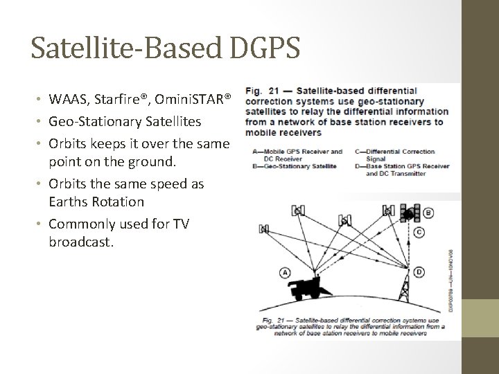 Satellite-Based DGPS • WAAS, Starfire®, Omini. STAR® • Geo-Stationary Satellites • Orbits keeps it