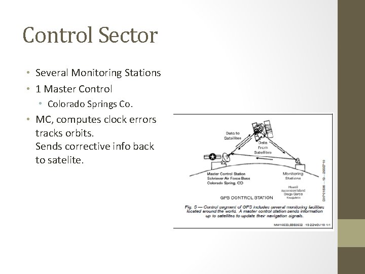 Control Sector • Several Monitoring Stations • 1 Master Control • Colorado Springs Co.