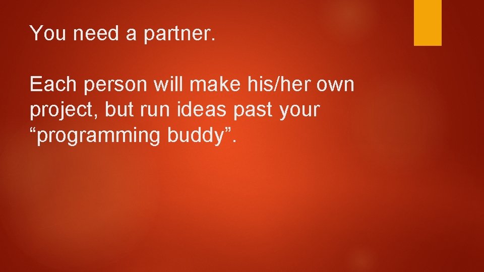 You need a partner. Each person will make his/her own project, but run ideas