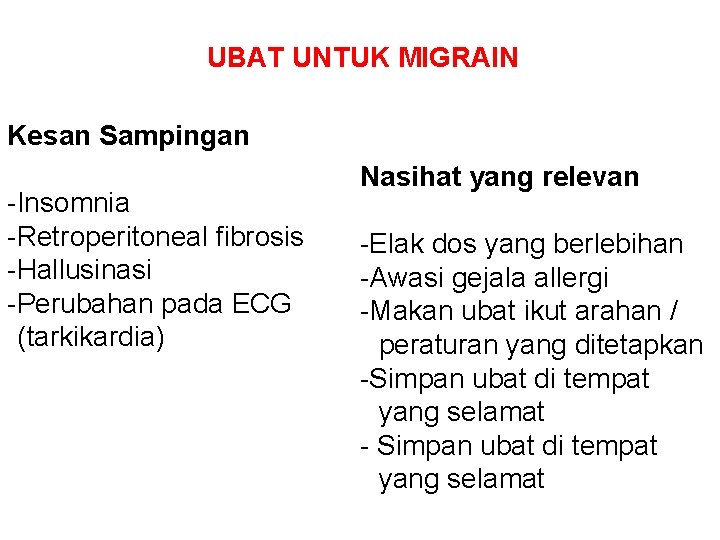 UBAT UNTUK MIGRAIN Kesan Sampingan -Insomnia -Retroperitoneal fibrosis -Hallusinasi -Perubahan pada ECG (tarkikardia) Nasihat