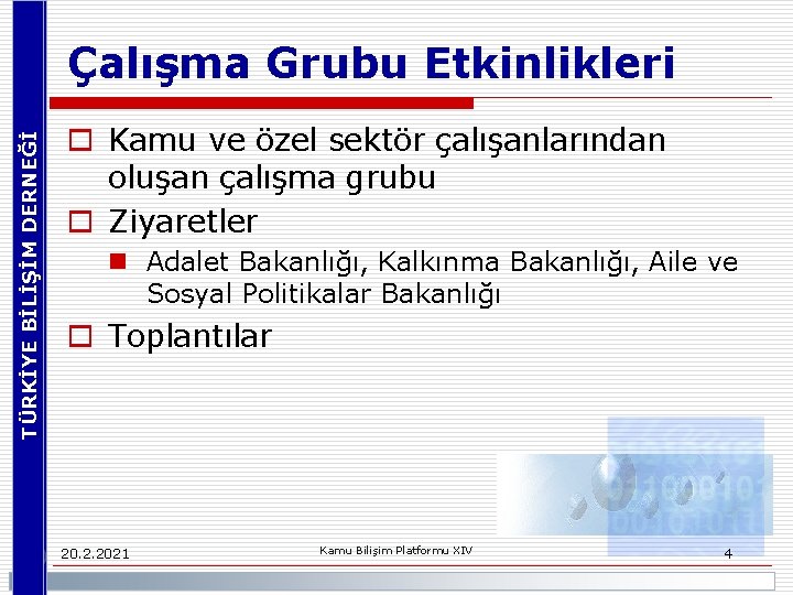 TÜRKİYE BİLİŞİM DERNEĞİ Çalışma Grubu Etkinlikleri o Kamu ve özel sektör çalışanlarından oluşan çalışma