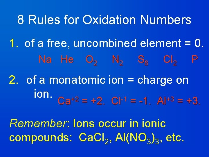 8 Rules for Oxidation Numbers 1. of a free, uncombined element = 0. Na