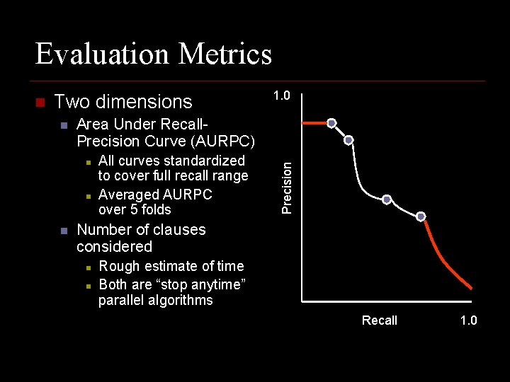 Evaluation Metrics Two dimensions n Area Under Recall. Precision Curve (AURPC) n n n