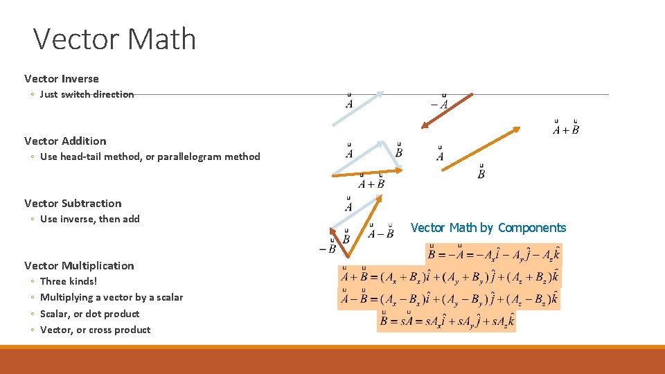 Vector Math Vector Inverse ◦ Just switch direction Vector Addition ◦ Use head-tail method,