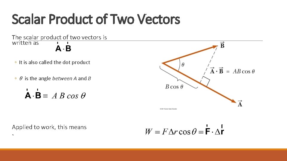 Scalar Product of Two Vectors The scalar product of two vectors is written as