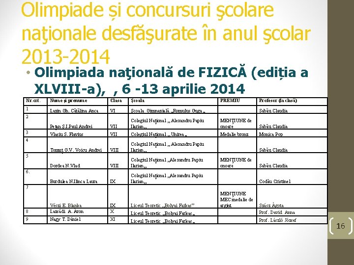 Olimpiade și concursuri şcolare naţionale desfăşurate în anul şcolar 2013 -2014 • Olimpiada naţională