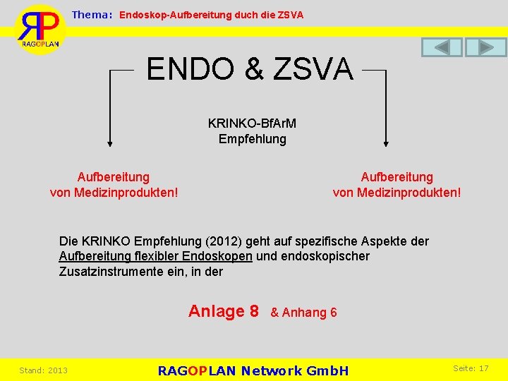 Thema: Endoskop-Aufbereitung duch die ZSVA ENDO & ZSVA KRINKO-Bf. Ar. M Empfehlung Aufbereitung von