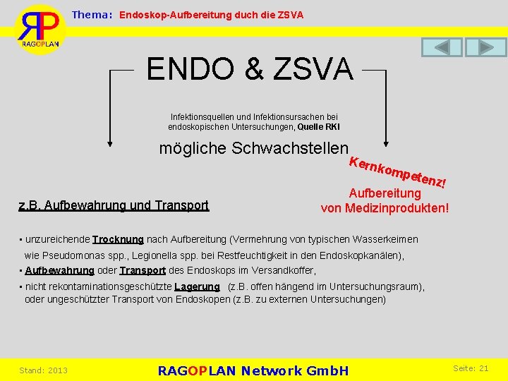 Thema: Endoskop-Aufbereitung duch die ZSVA ENDO & ZSVA Infektionsquellen und Infektionsursachen bei endoskopischen Untersuchungen,
