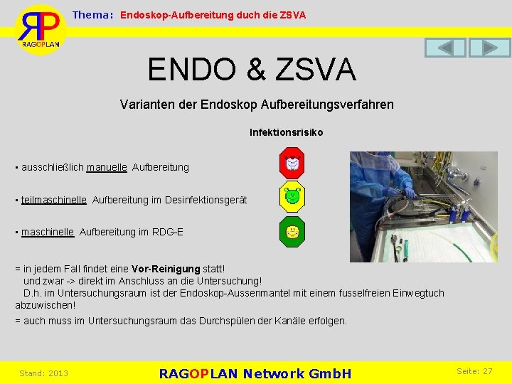 Thema: Endoskop-Aufbereitung duch die ZSVA ENDO & ZSVA Varianten der Endoskop Aufbereitungsverfahren Infektionsrisiko •