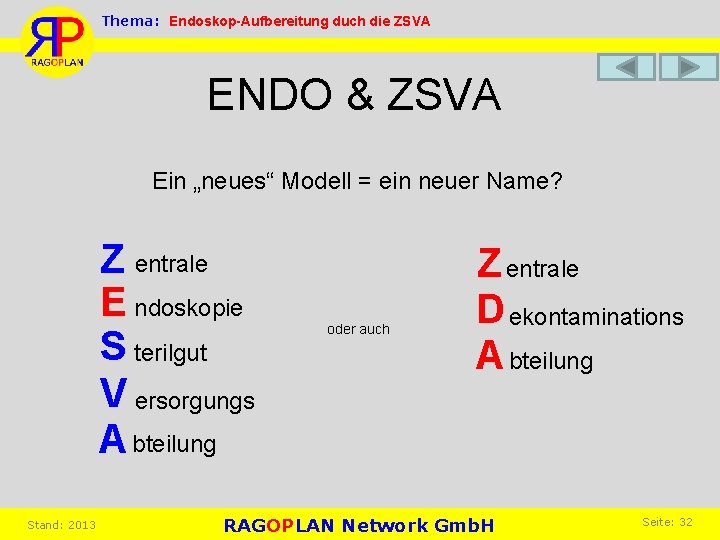 Thema: Endoskop-Aufbereitung duch die ZSVA ENDO & ZSVA Ein „neues“ Modell = ein neuer