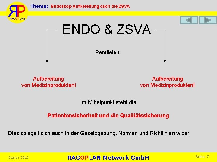 Thema: Endoskop-Aufbereitung duch die ZSVA ENDO & ZSVA Parallelen Aufbereitung von Medizinprodukten! Im Mittelpunkt