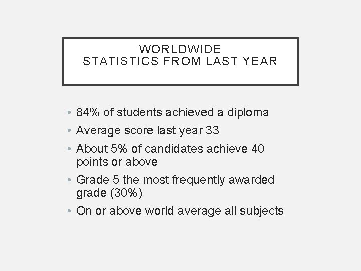 WORLDWIDE STATISTICS FROM LAST YEAR • 84% of students achieved a diploma • Average