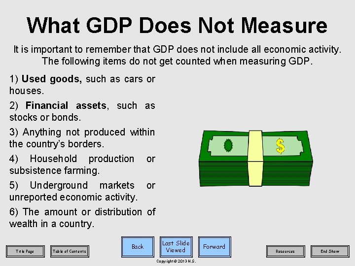 What GDP Does Not Measure It is important to remember that GDP does not