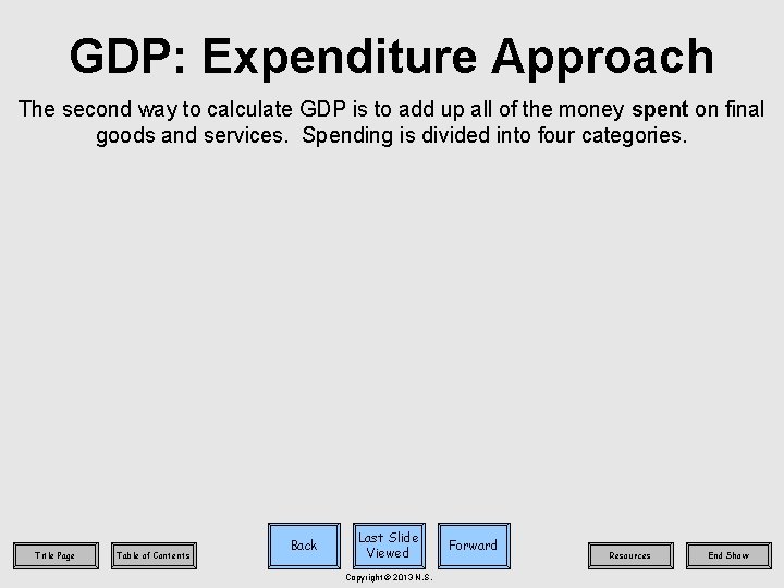 GDP: Expenditure Approach The second way to calculate GDP is to add up all