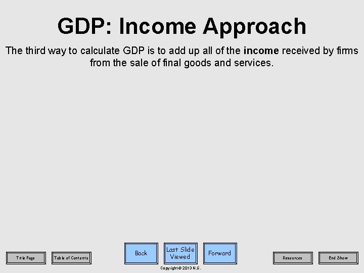 GDP: Income Approach The third way to calculate GDP is to add up all