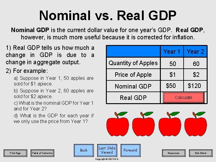 Nominal vs. Real GDP Nominal GDP is the current dollar value for one year’s