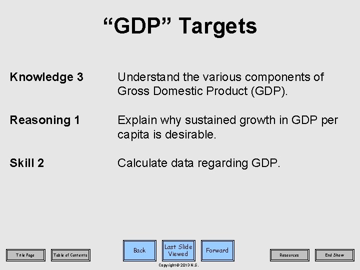 “GDP” Targets Knowledge 3 Understand the various components of Gross Domestic Product (GDP). Reasoning