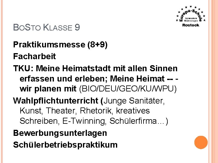 BOSTO KLASSE 9 Praktikumsmesse (8+9) Facharbeit TKU: Meine Heimatstadt mit allen Sinnen erfassen und