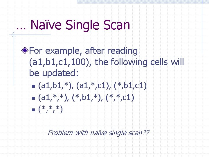 … Naïve Single Scan For example, after reading (a 1, b 1, c 1,