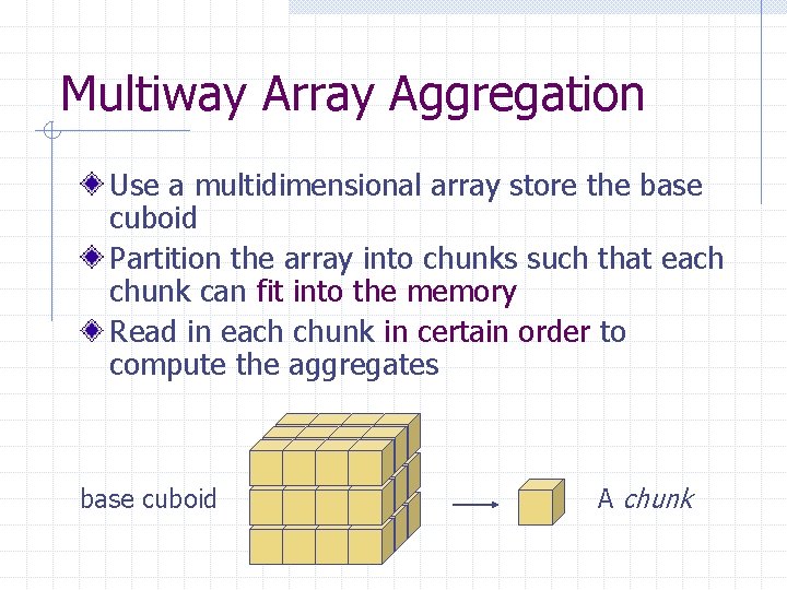 Multiway Array Aggregation Use a multidimensional array store the base cuboid Partition the array