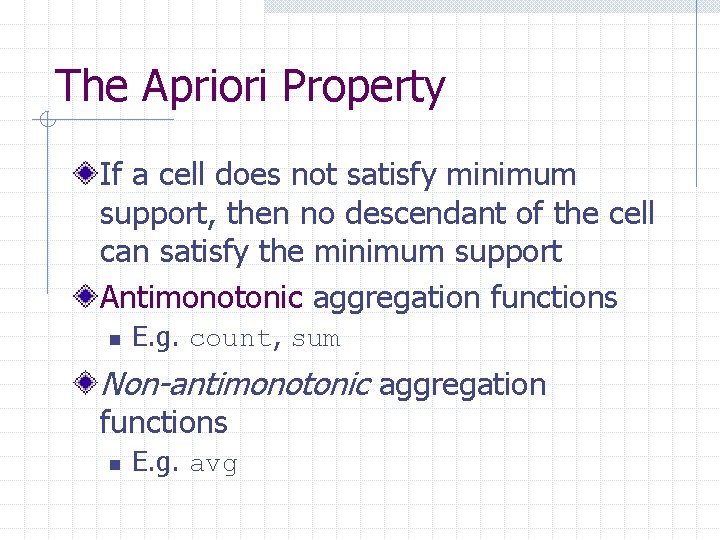 The Apriori Property If a cell does not satisfy minimum support, then no descendant