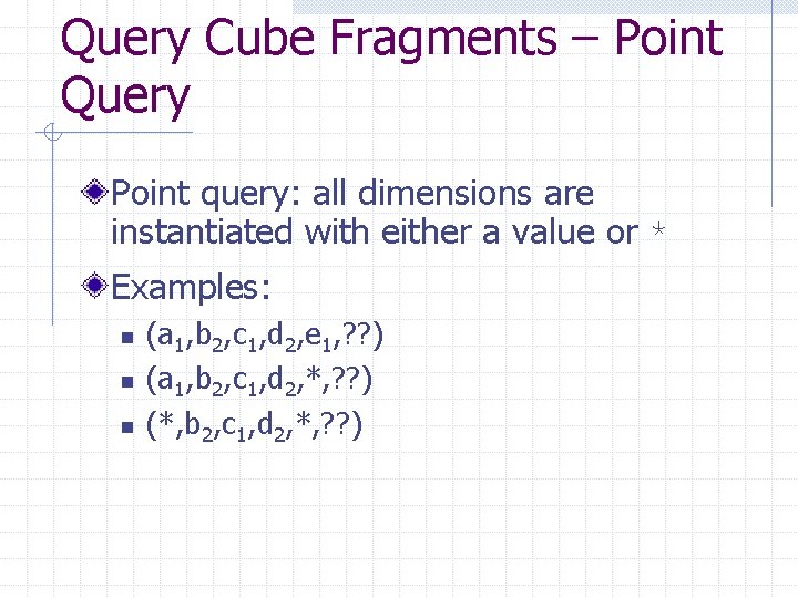 Query Cube Fragments – Point Query Point query: all dimensions are instantiated with either