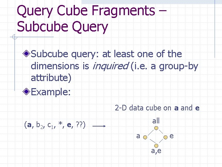 Query Cube Fragments – Subcube Query Subcube query: at least one of the dimensions