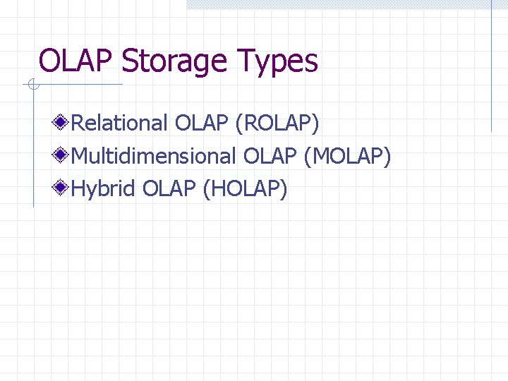 OLAP Storage Types Relational OLAP (ROLAP) Multidimensional OLAP (MOLAP) Hybrid OLAP (HOLAP) 