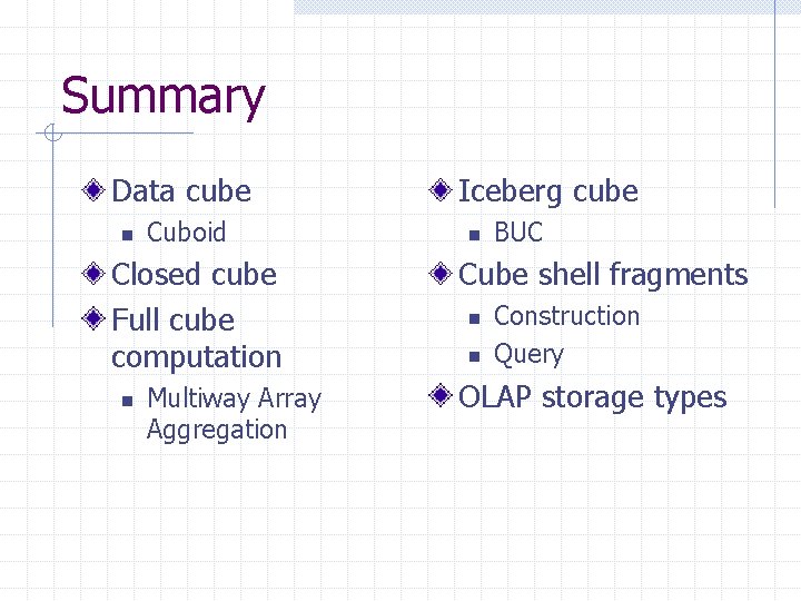 Summary Data cube n Cuboid Closed cube Full cube computation n Multiway Array Aggregation