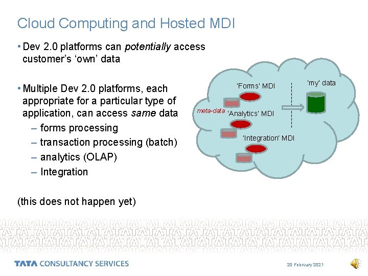 Cloud Computing and Hosted MDI • Dev 2. 0 platforms can potentially access customer’s