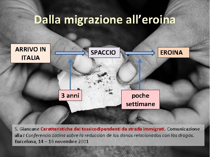 Dalla migrazione all’eroina ARRIVO IN ITALIA SPACCIO 3 anni EROINA poche settimane S. Giancane