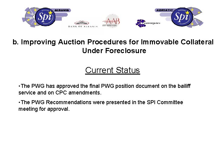 b. Improving Auction Procedures for Immovable Collateral Under Foreclosure Current Status • The PWG